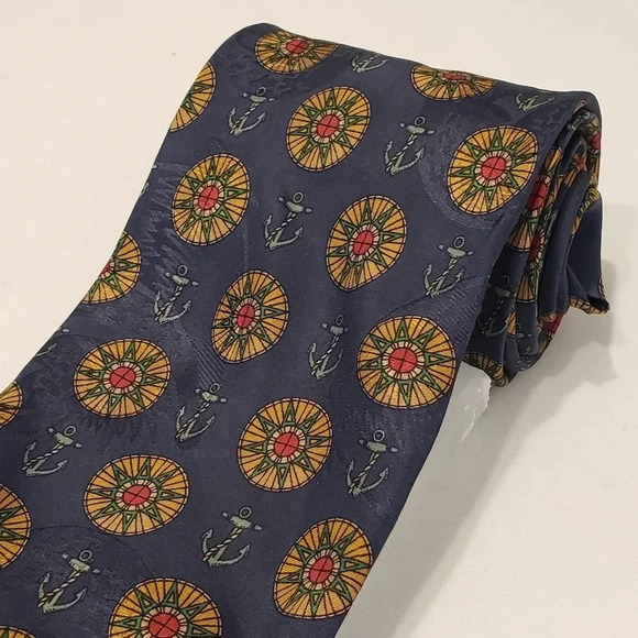 Luca Castelli Silk Nautical  Theme Tie Navy Blue Green Anchors Compass - Picture 3 of 12